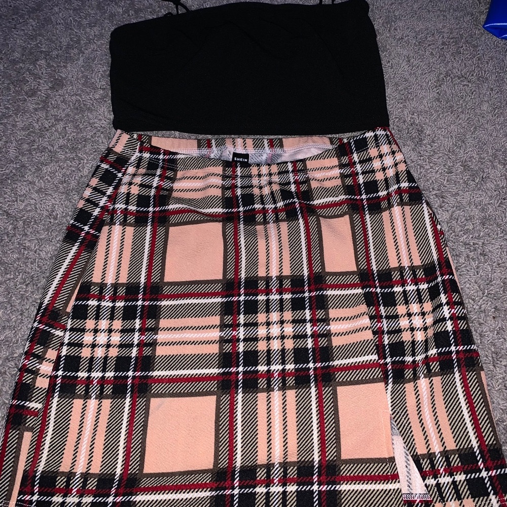 Crop top shirt with plaid skirt